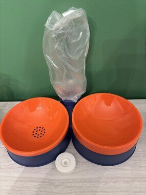 Cat or small dog food bowls & water dispenser set. Blue and Orange. NEW
